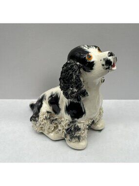 Vintage Ceramic Spaghetti Springer Spaniel Dog Black White Spots Figurine Hunt